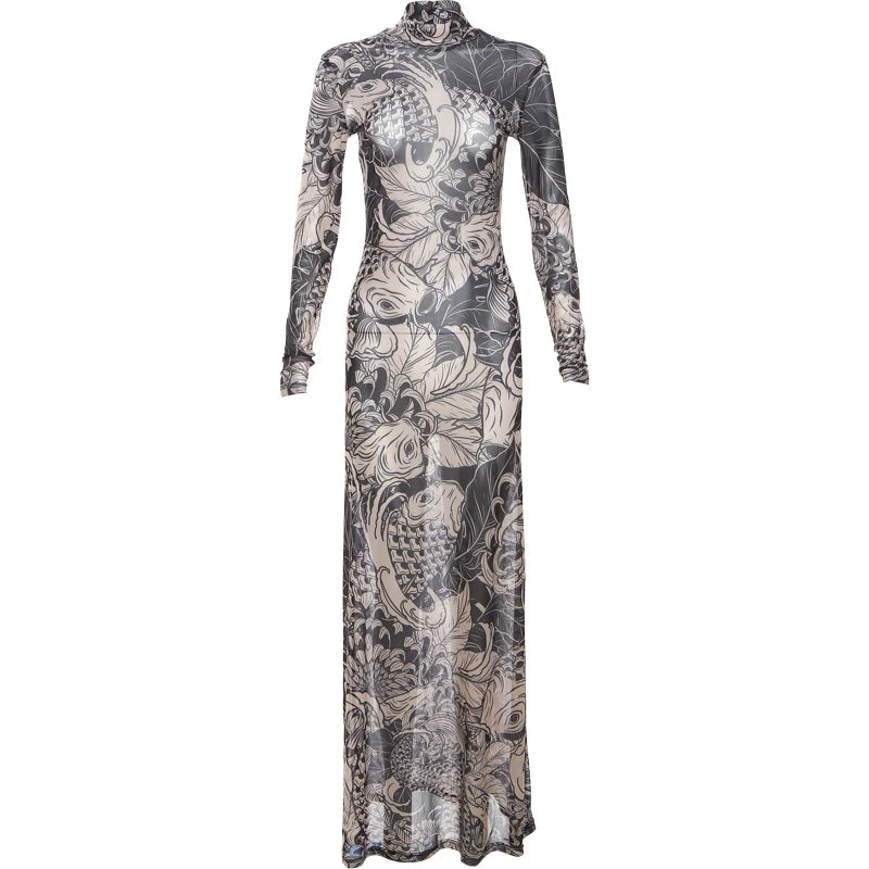 Weird Puss Mesh Print Women Maxi Dress Turtleneck Full Sleeve Bodycon Autumn Trendy Hipsters High Street Party Y2K Attirewear