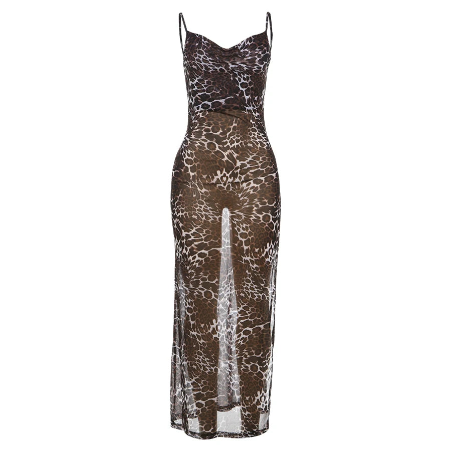 Weird Puss Leopard Print Dress Spaghetti Straps Woman Summer Backless Splits Sexy Swing Collar See Through Party Beach Clubwear