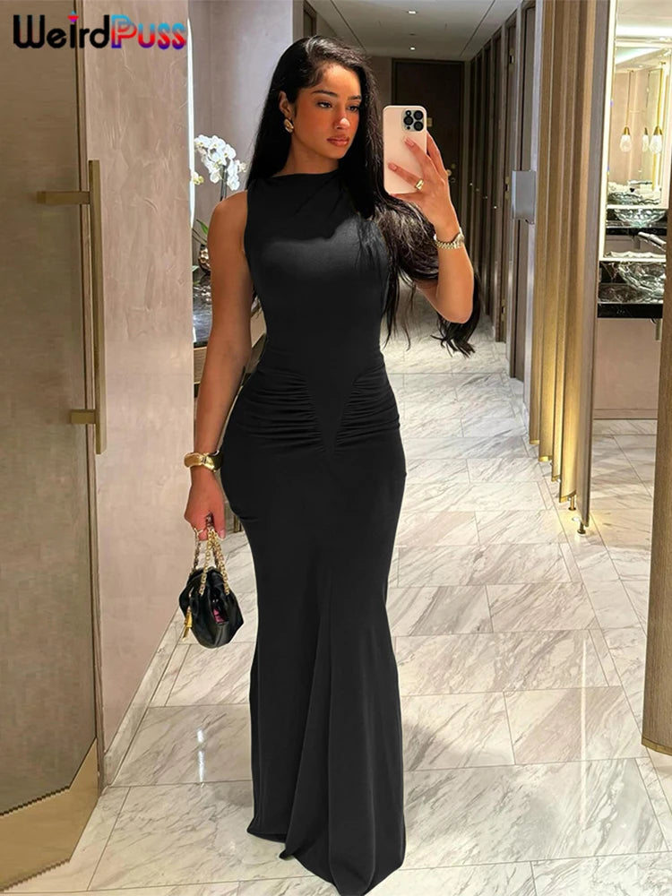 Weird Puss Elegant Women Dress 2024 Summer Fashion Simple Solid Sleeveless Cinched Waist Maxi Bodycon Streetwear Soft Vestidos