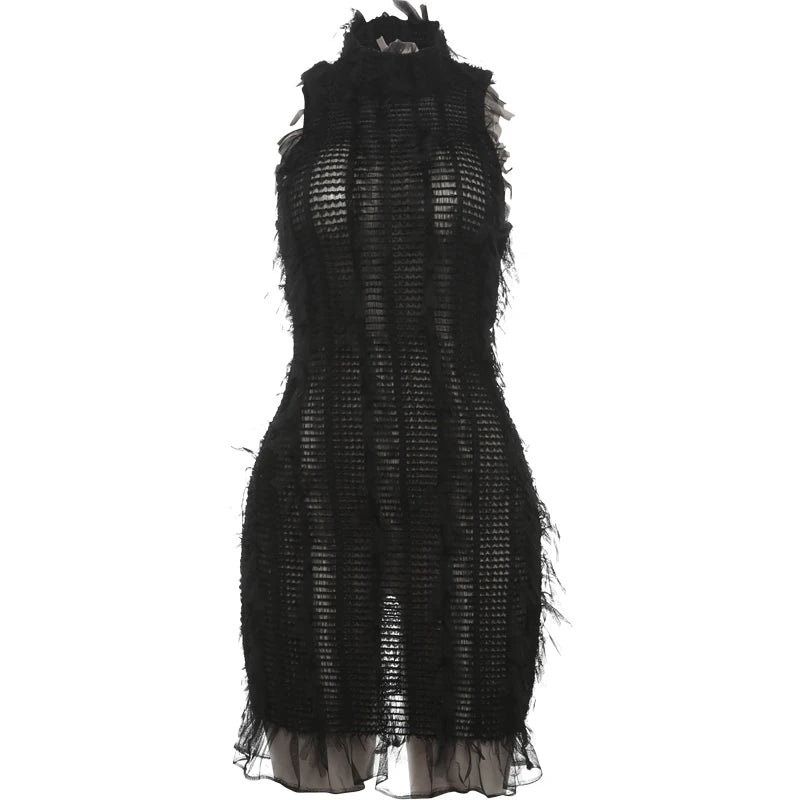 Weird Puss Sexy Knit Dress Women See Through Summer Tassel Midnight Concert Party Sleeveless Ruffle Hem Hipster Stretch Bodycon