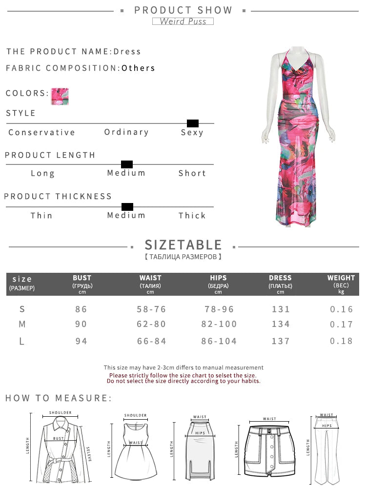 Weird Puss Backless Halter Women Dress Flower Print Low Chest Sheer Sexy Bodycon Seaside Party Beach Vacation Peach Hip Vestidos