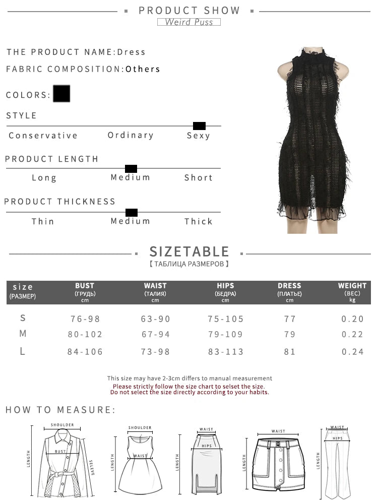 Weird Puss Sexy Knit Dress Women See Through Summer Tassel Midnight Concert Party Sleeveless Ruffle Hem Hipster Stretch Bodycon