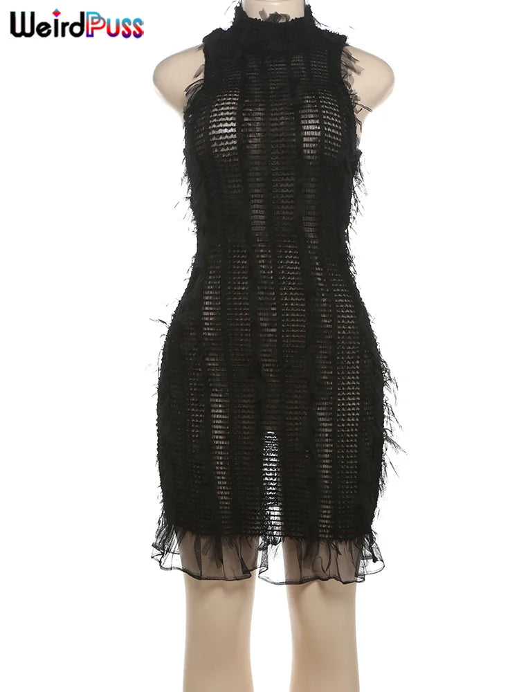 Weird Puss Sexy Knit Dress Women See Through Summer Tassel Midnight Concert Party Sleeveless Ruffle Hem Hipster Stretch Bodycon