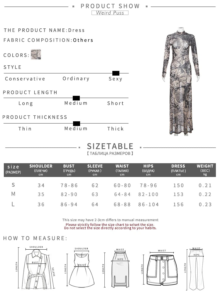 Weird Puss Mesh Print Women Maxi Dress Turtleneck Full Sleeve Bodycon Autumn Trendy Hipsters High Street Party Y2K Attirewear