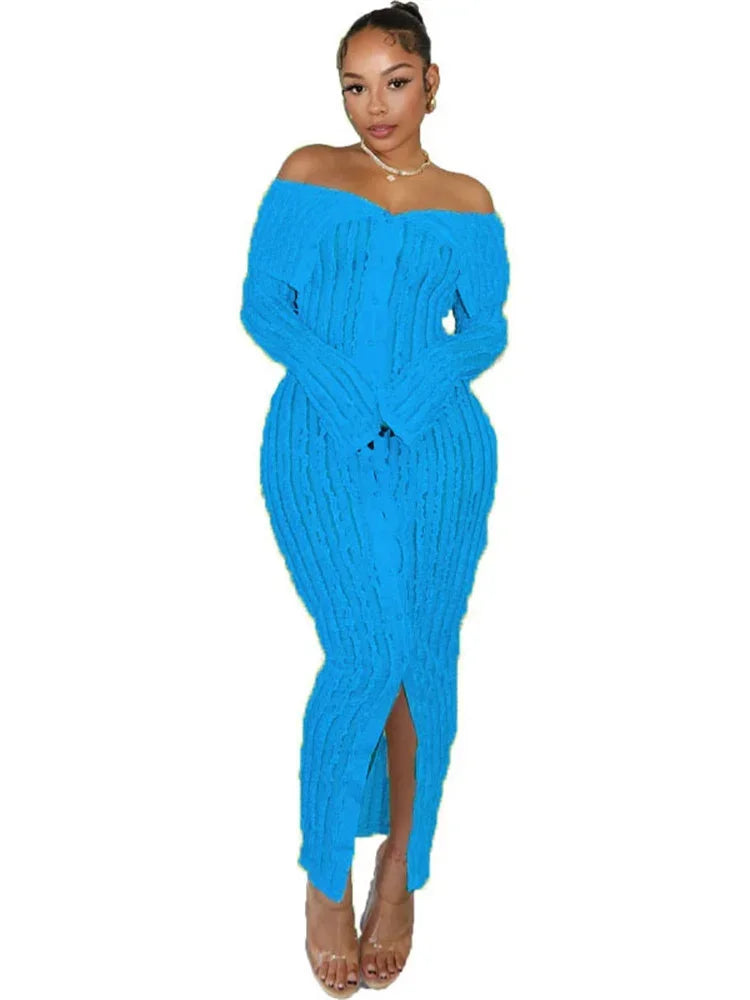 Weird Puss Wave Pattern Women Dress Elegant Slash Neck Single-Breasted Wrap Hip Bodycon Sexy Party Evening Prom Crochet Robe